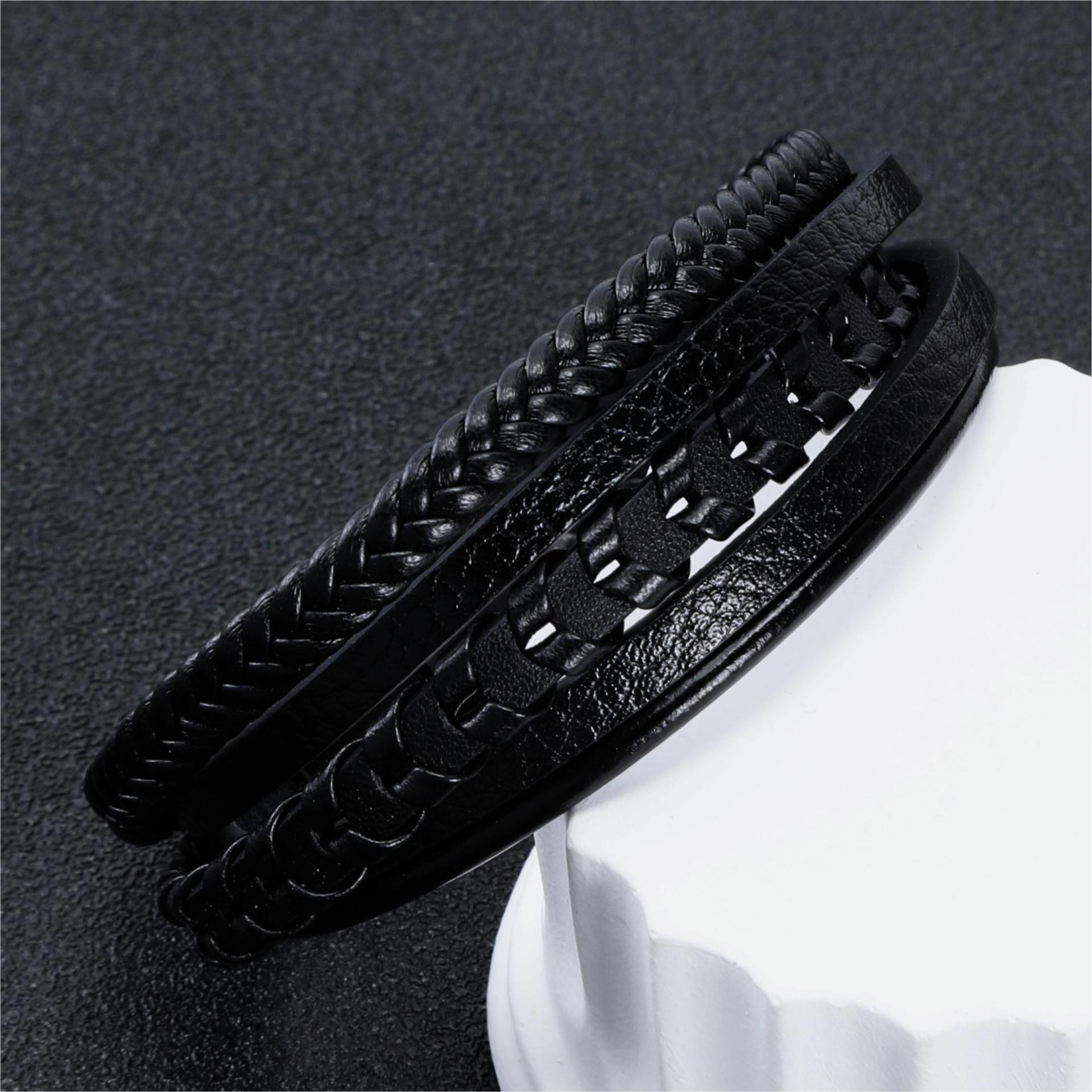 

Мужской плетеный кожаный браслет ручной работы с магнитной застежкой - Ретро европейский и американский стиль чёрный