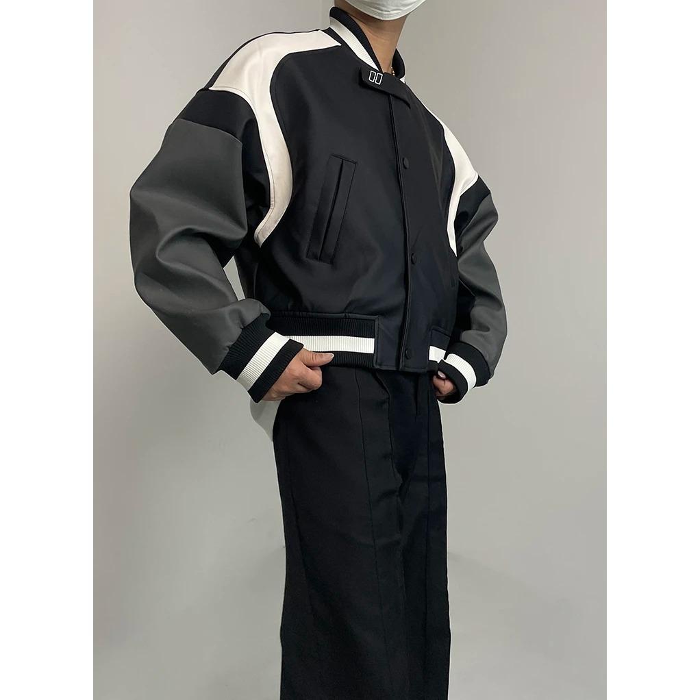 American retro PU leather splicing short motorcycle jacket men's cleanfit deconstruction design baseball jacket tide