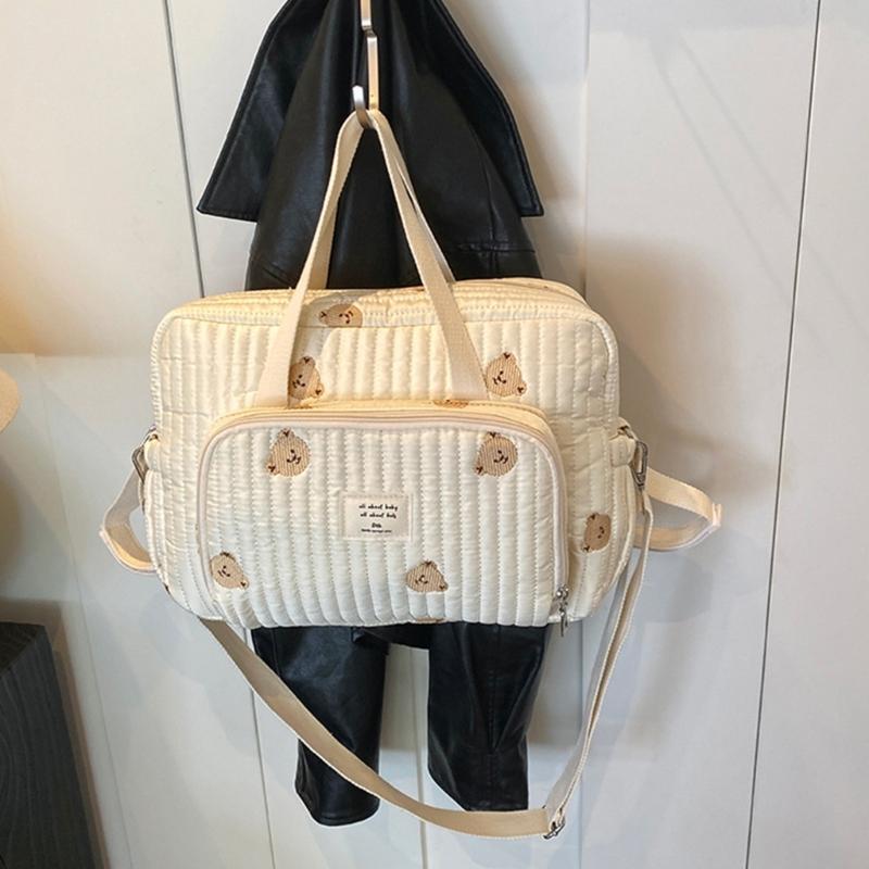 Fashionable Storage Pouch Case Large Bear/Flower Embroidery Mother Bag Portable Handbag with Multi Function Pockets