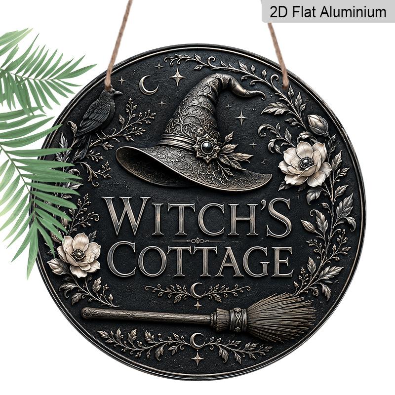 2D Flat, 1pc Round Aluminum Hanging Sign, Vintage Embossed Effect Flat Metal Plaque, Witch Hat, Raven, Broom & Floral Print, Dark Gothic Wall Decor