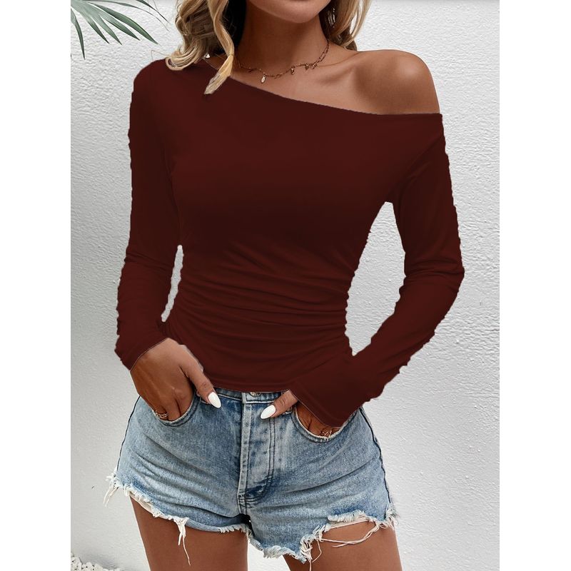 Solid Color Slanted Neck Long Sleeved Top Solid Diagonal Collar Long sleeve Top Women