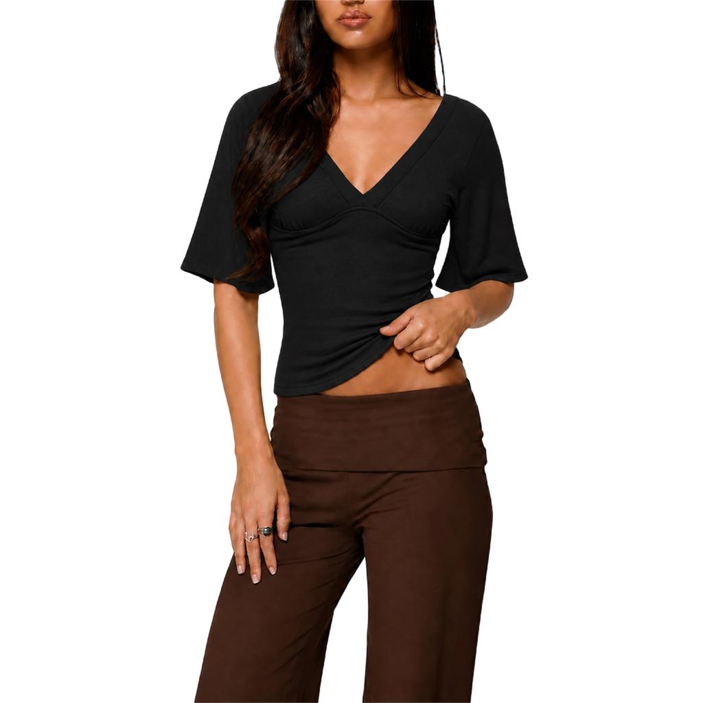 Women's European Color Block Striped V Neck T-Shirt Casual Versatile Top for Spring Summer Commute