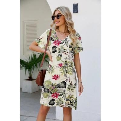 New Short-sleeved Printed Women's Round Neck Vintage Floral Ladies Dress