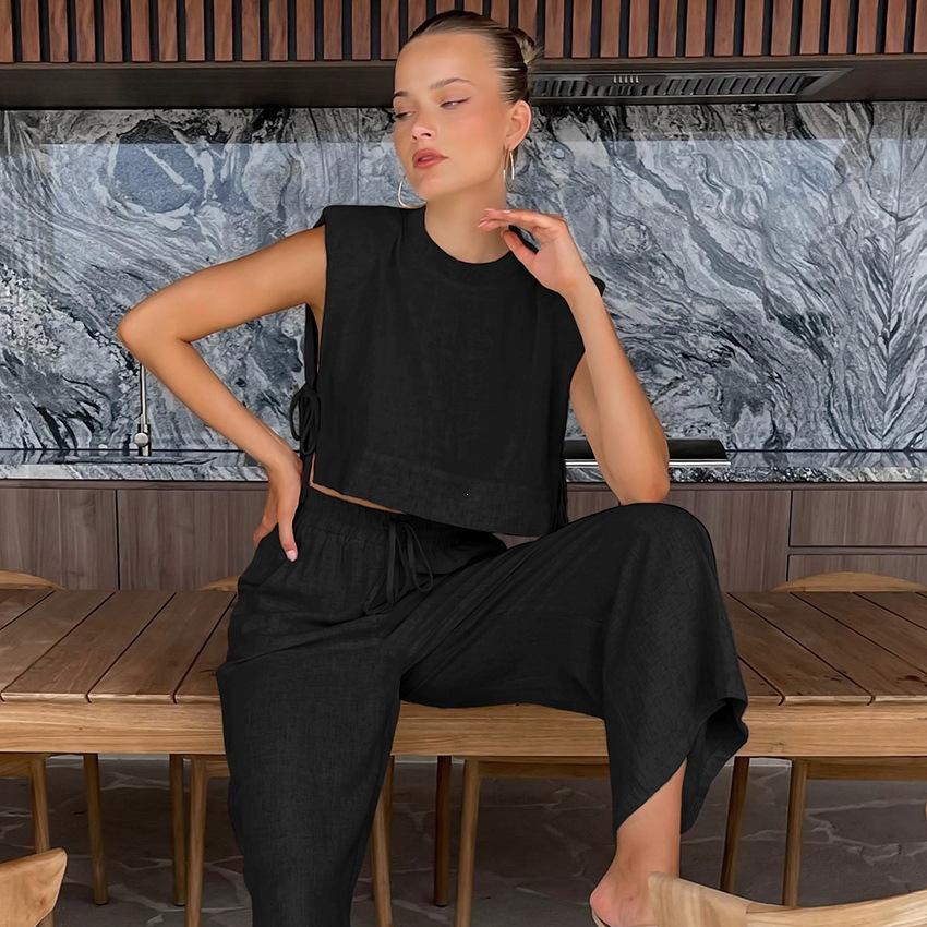 Fashion Cotton and Linen Suit Women's Clothing 2025 Summer New Shoulder Pads Sleeveless Top Trousers Two-piece Set European and American Casual