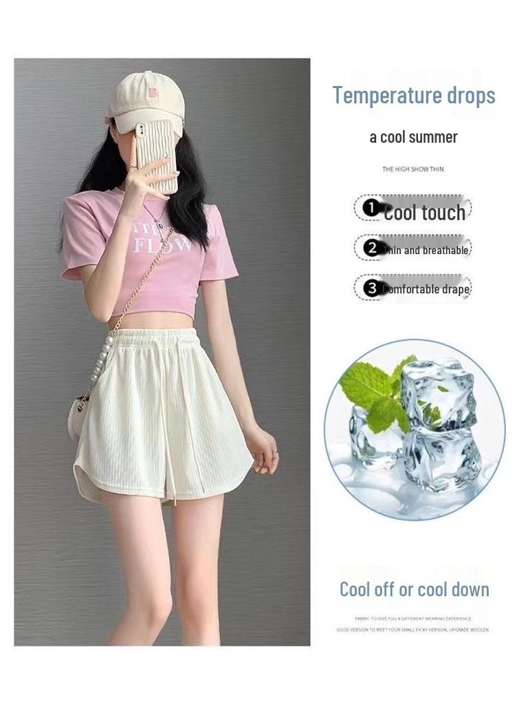 Ice Silk Women's Wide-Leg Sports Shorts, Summer Casual High-Waisted, Versatile Running Outerwear - Single/Double Three-Quarter Length