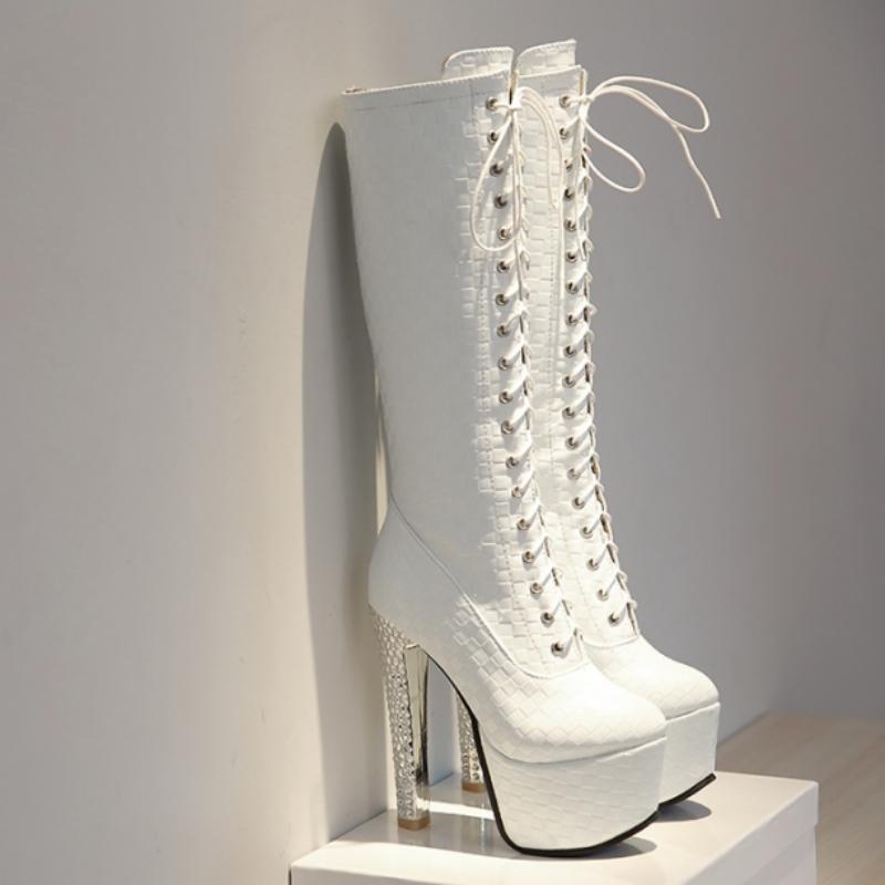 Black High Knee Boots Women Platform Sexy Luxury White Heeled Winter Lace-up Long Boot Party Shoes Ladies Large Size 46 Brand