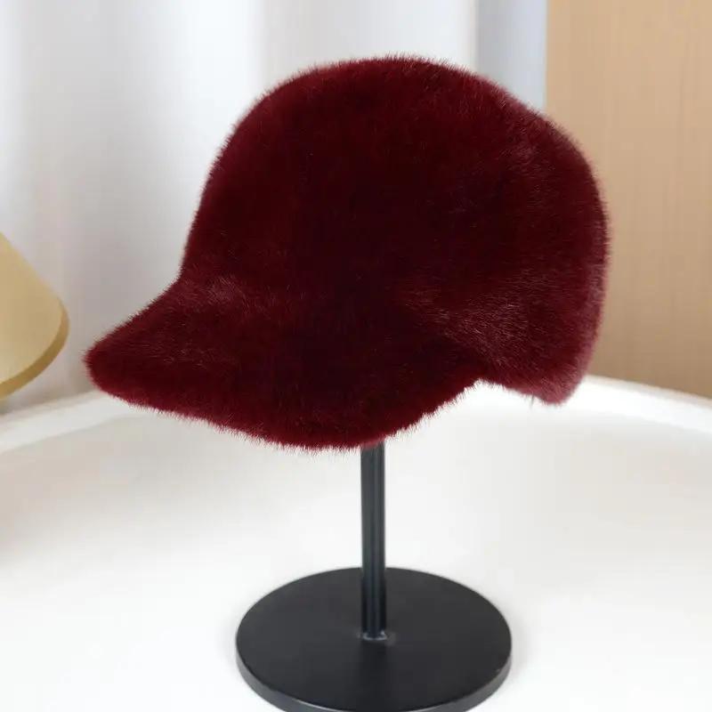 

Fashion Solid Color Fluffy Faux Fur Baseball Hat Outdoor For Women s Luxury Thick Thickened Cap Men Winter Warm Snapback Hats вина червоного кольору