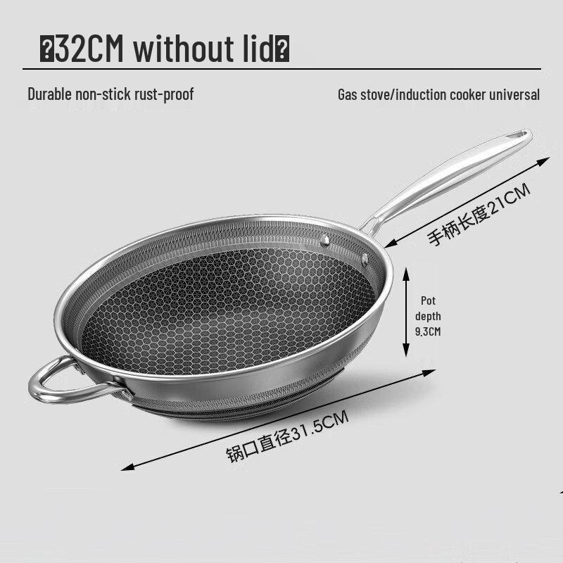 ZISIZ 32CM Stainless Steel Non-stick Wok