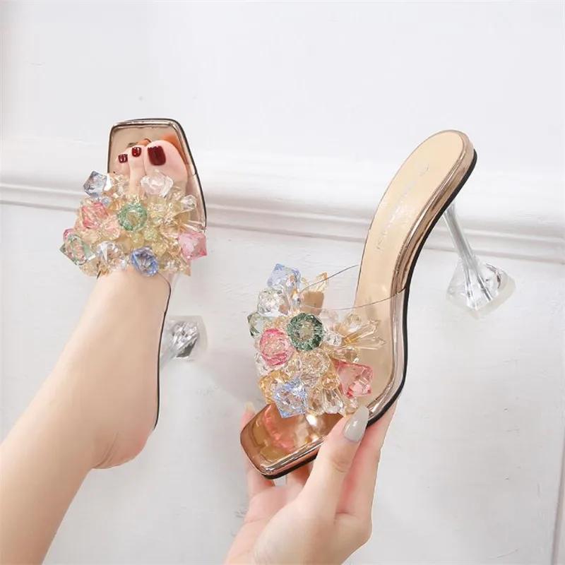 Comemore Summer Women Slingback Pumps Luxury Transparent High Heels Sandals Sexy Square Toe Mules Slippers Party Shoes