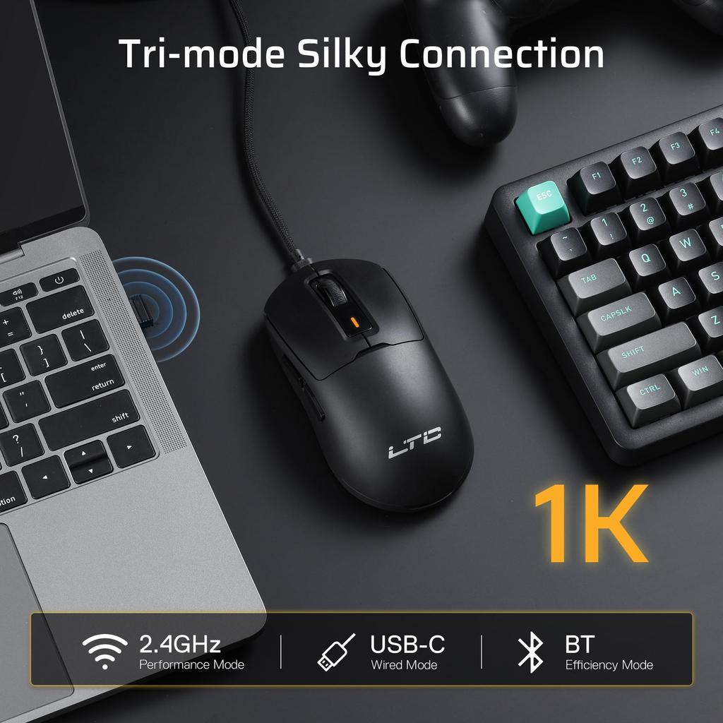 LTC GM024 Tri-Mode Wireless Gaming Mouse, 59g Ultra-Lightweight Ergonomic Gaming Mouse, 2.4GHzBTWired, 6-Level DPI 4800, 1000Hz, 5 Programmable