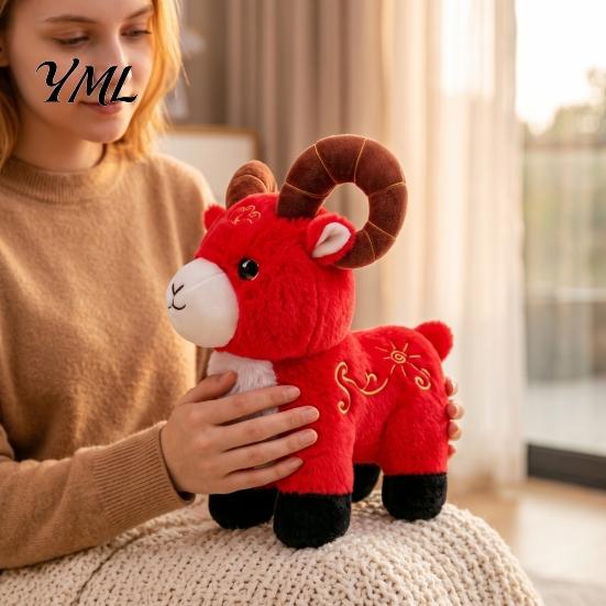 Collectibles for Spring Festival New Year Sheep Doll, of The Mascot Plush Toy, Auspicious Cloud Decorative Desktop Figurine Embroidery, Red
