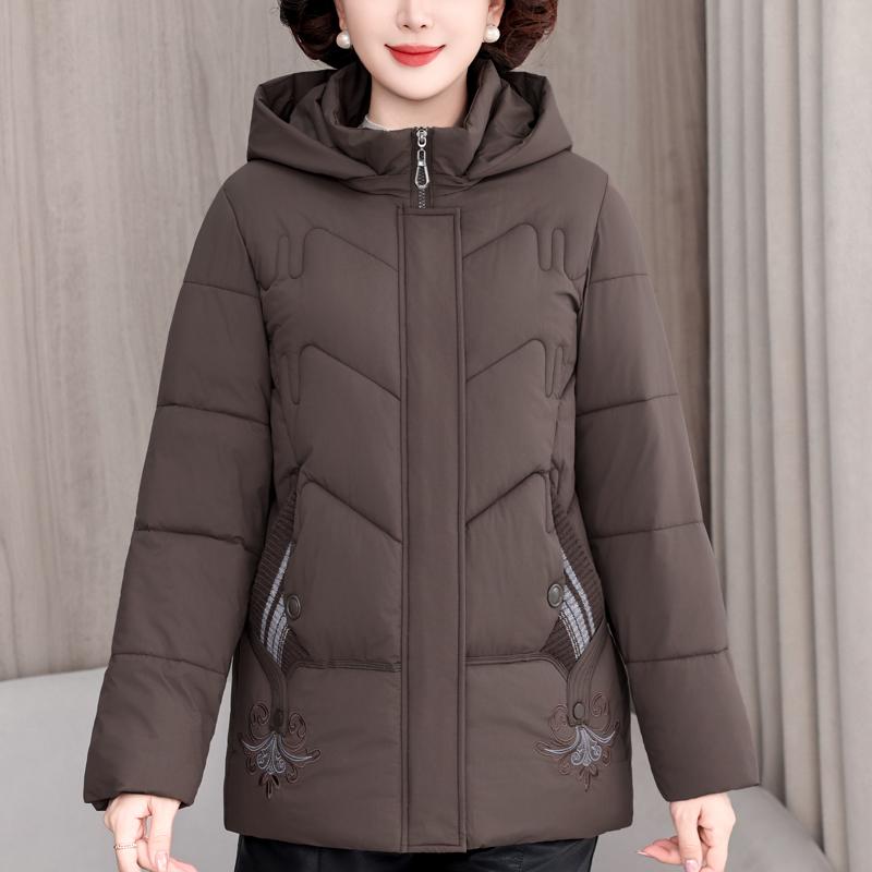 Plus Size XL-5XL Middle Age Woman Winter Coats Hooded Elegant Loose Thick Warm Embroidery Parkas Female Jacket