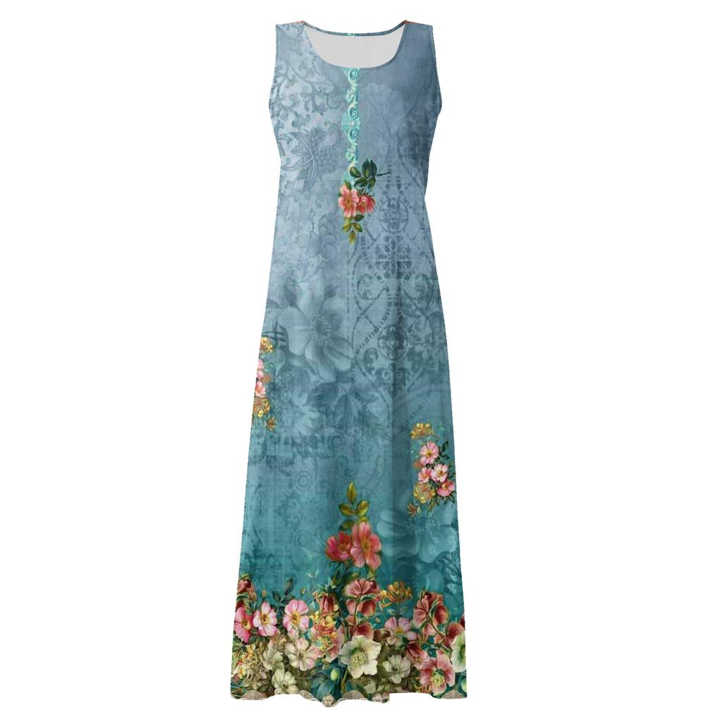 Damen Sommerkleid, lässig, modisch, bedruckt, ärmellos, Rundhalsausschnitt, Taschenkleid