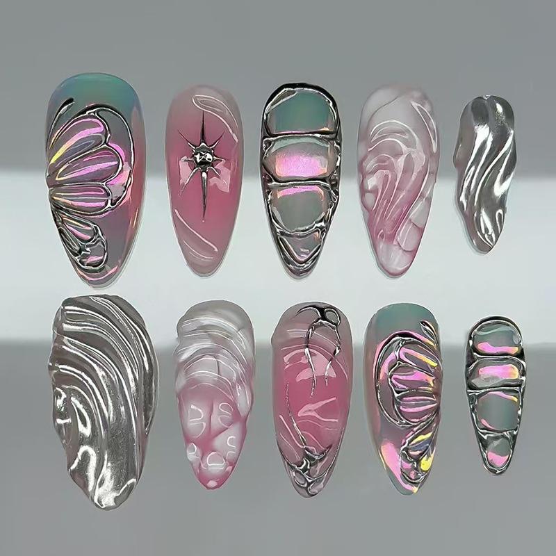 

10Pcs Handmade Long Almond Press On Nails, Y2K Pink Ombre with 3D Silver Chrome & Butterfly Fake Nails United States