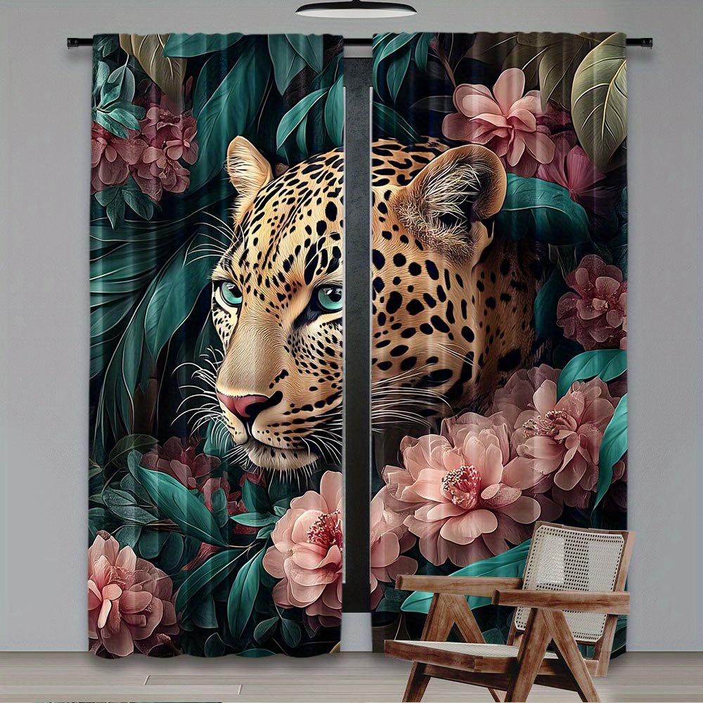 2Pcs Polyester Jungle Leopard Floral Printing Window Curtains Birthday Party Decoration Backdrop Drapes for Living Room