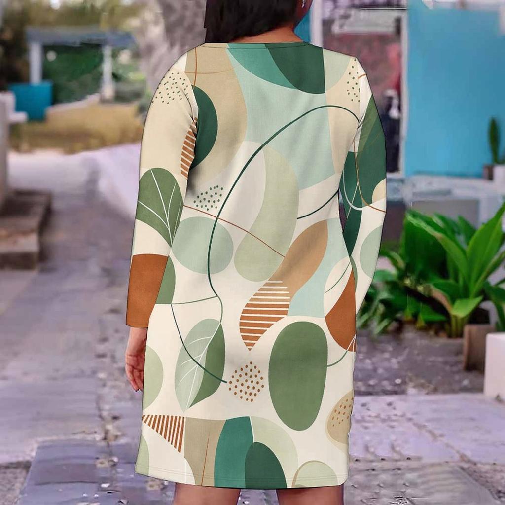 Damen Übergröße V-Ausschnitt Langarm Geometrisch Bedrucktes Figurbetontes Midi-Kleid