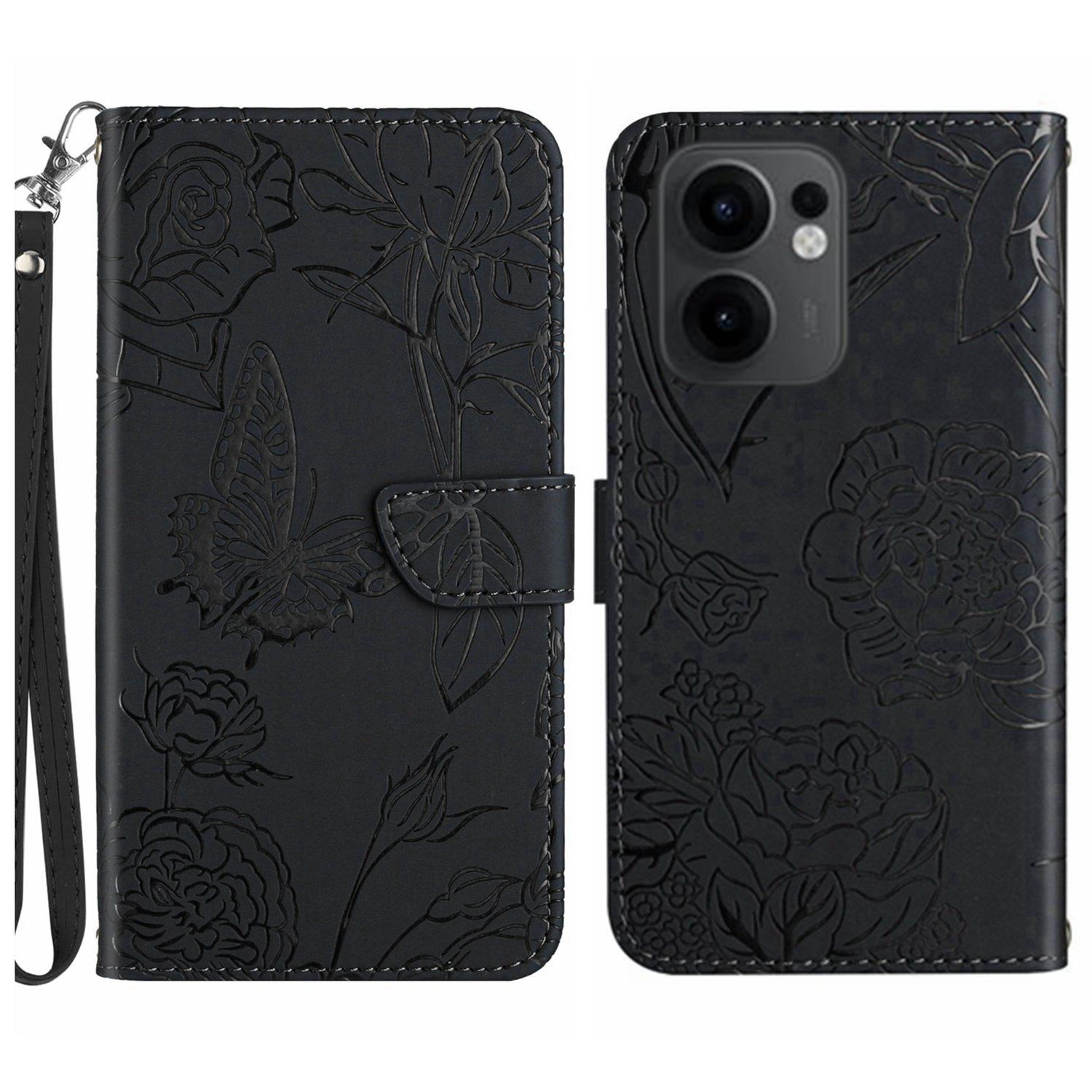 

For Oppo Reno13 F 5G (Reno 13 FS 5G)/4G Case Butterfly Flower Imprinted Leather Phone Cover with Strap D