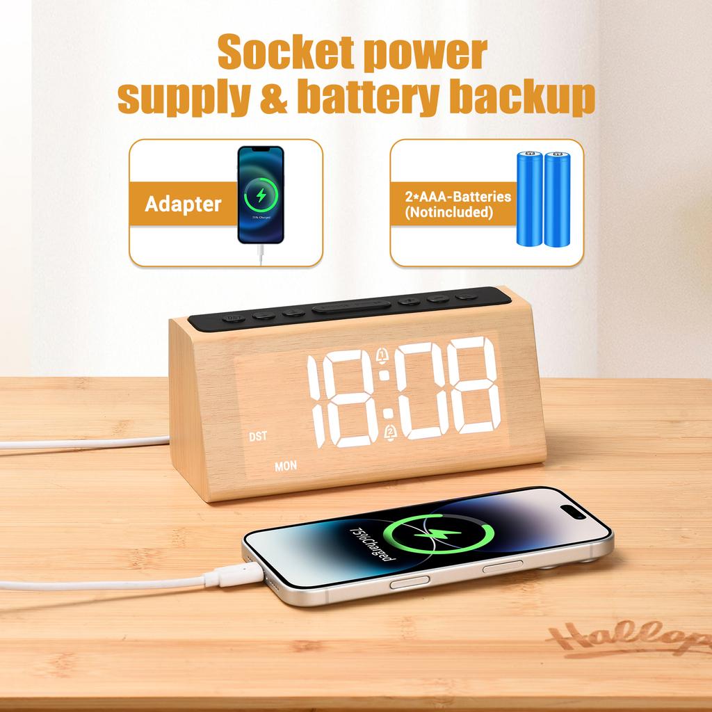 G60 Wood Grain Digital Clock Adjustable Volume & Dimmer Snooze DST Loud Alarm Wood Decor Electric Desk Clock with USB Port
