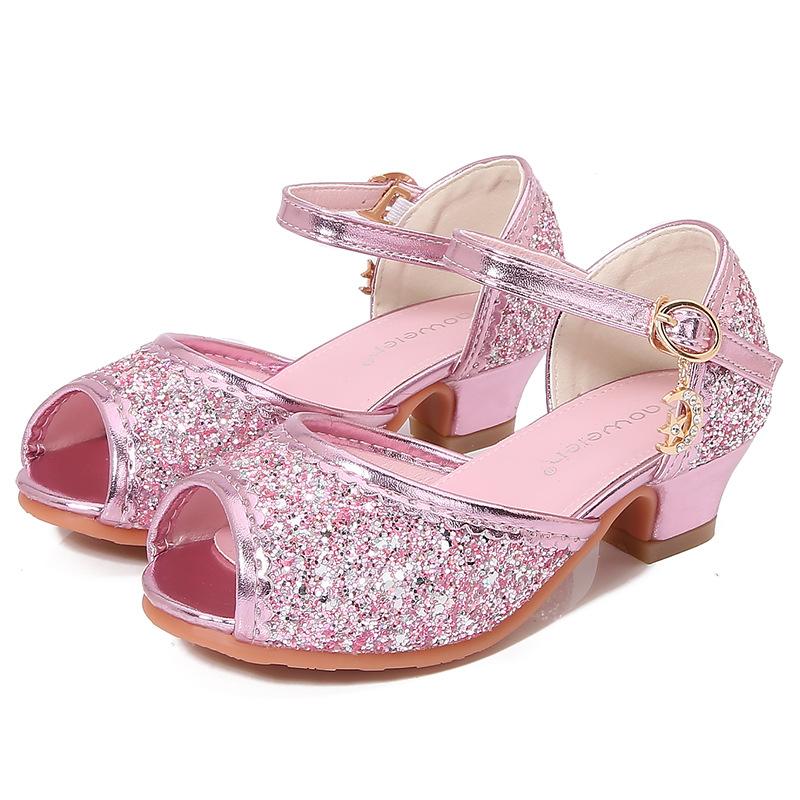 Girls Sandals Children's High Heel Princess Shoes Summer Little Girl Sequined Crystal Shoes Elsa Fashion Mary Jane Classmate