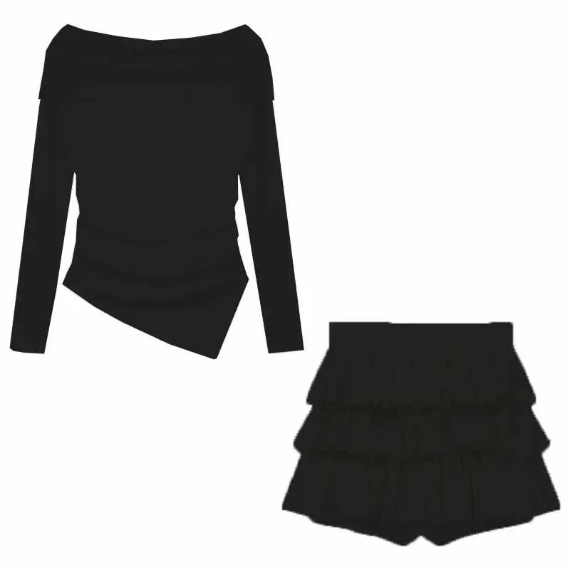 

Осень 2023, элегантный комплект из двух предметов, женская юбка, повседневная милая блузка + Y2k, тонкие юбки для торта, офисные женские корейские модные костюмы, новые S чёрный