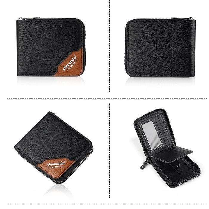 Men’s PU Leather Zip Around 3 Folding Wallet RFID Card Holder ID Window Coin Pocket Short Compact Wallet Cash Purse