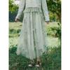 Qooth Sweet Women Floral A Line Tulle Skirt Rustic Style Wide Hem Mid Length Elastic Waist Casual Skirt QT2656