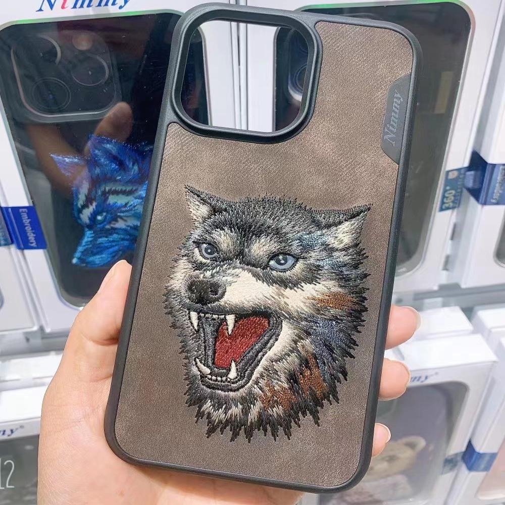 3D Embroidered Cute Wolf Tiger eagle lionr Leather Phone Case For iPhone 15 Pro Max Case Protective Cover For iPhone 15 Pro Case