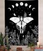 Trippy Witchy Vertical Tapestry, Black and White Moth Floral Moon Tarot Tapestry Wall Hanging for Bedroom, Dark Aesthetic Nature