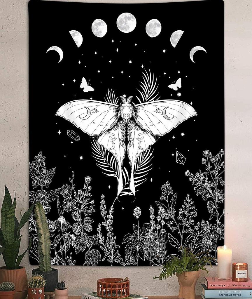 Trippy Witchy Vertical Tapestry, Black and White Moth Floral Moon Tarot Tapestry Wall Hanging for Bedroom, Dark Aesthetic Nature