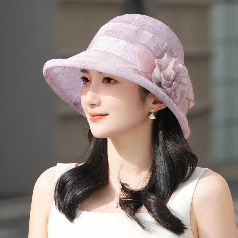 WTEMPO Women's Elegant Organza Flower Sun Hat Lightweight Mesh Bucket Hat with Floral Detail Breathable Casual Cap for Mature Ladies Spring Summer