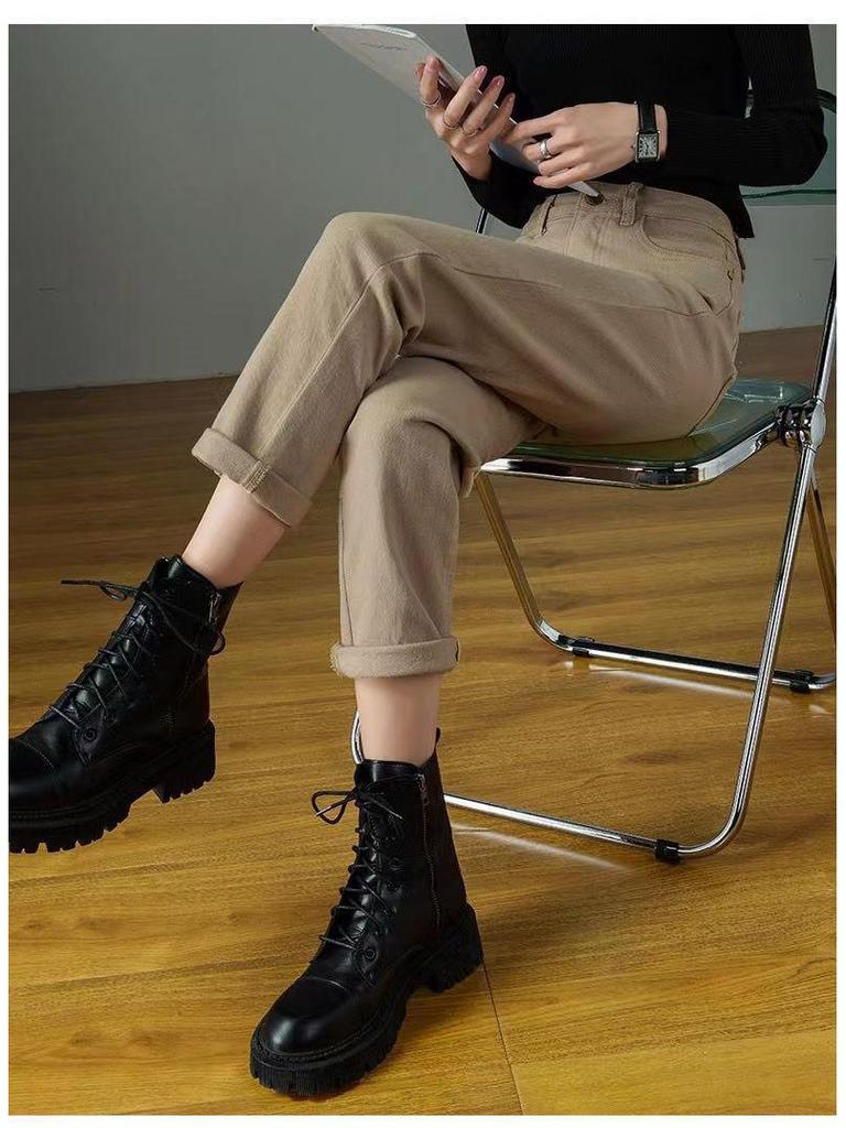 Women's High-Waisted Slim-Fit Khaki Cigarette Pants with Velvet Lining for Autumn and Winter