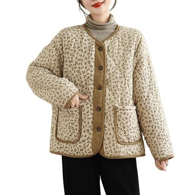 Retro Coat for Women with Floral ThinWarm Cotton Coat Loose Fat Mm Contrast Jacket for Women