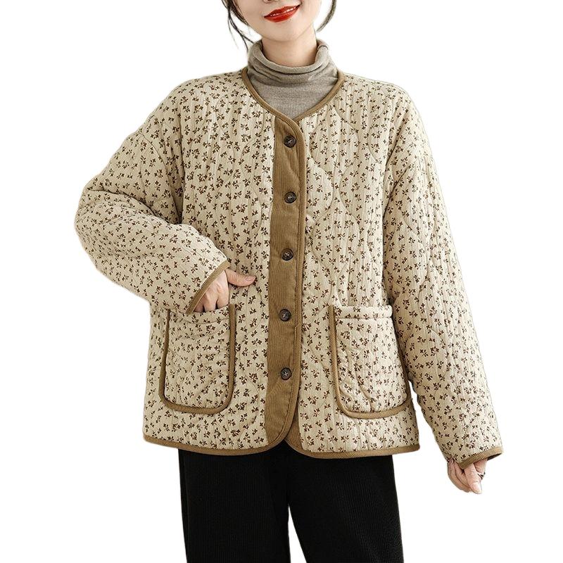 

Retro Coat for Women with Floral ThinWarm Cotton Coat Loose Fat Mm Contrast Jacket for Women XL