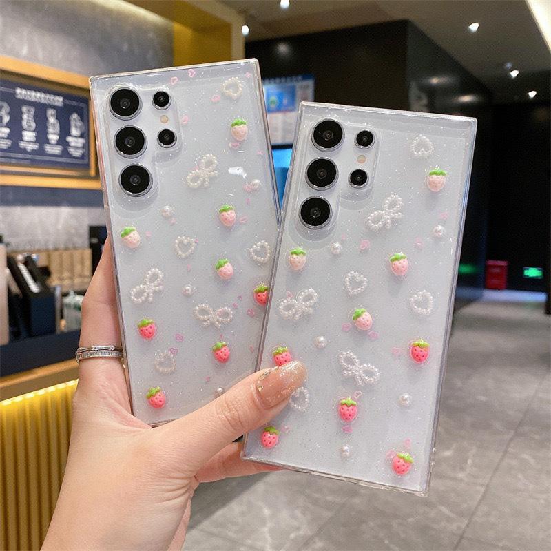 Glue Strawberry Bow for Samsung S25ultra Phone Case for S24FE Love A16 Transparent A56 Simple