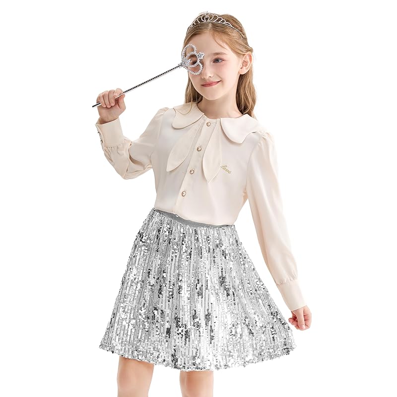 [Rolanko] sequins skirt kids girl dance skirt With inner pants everyday wear dance recital halloween cosplay disguise Christmas present silver 150