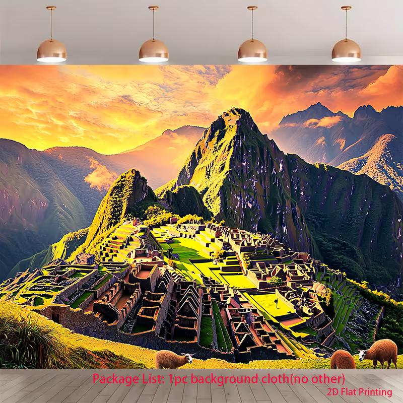

2D Ancient Machu Picchu Inca Citadel Backdrop Golden Sunset Mountain Photography Background for Events 47.2x31.5inch/120*80cm