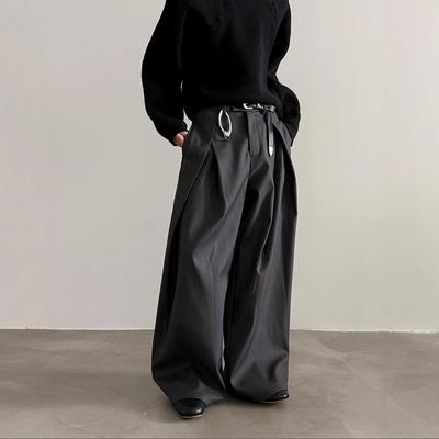 Men's Pleated Front Wide Leg Pants Black Solid Low Waist Dressy Trousers Office Work Casual Clothes