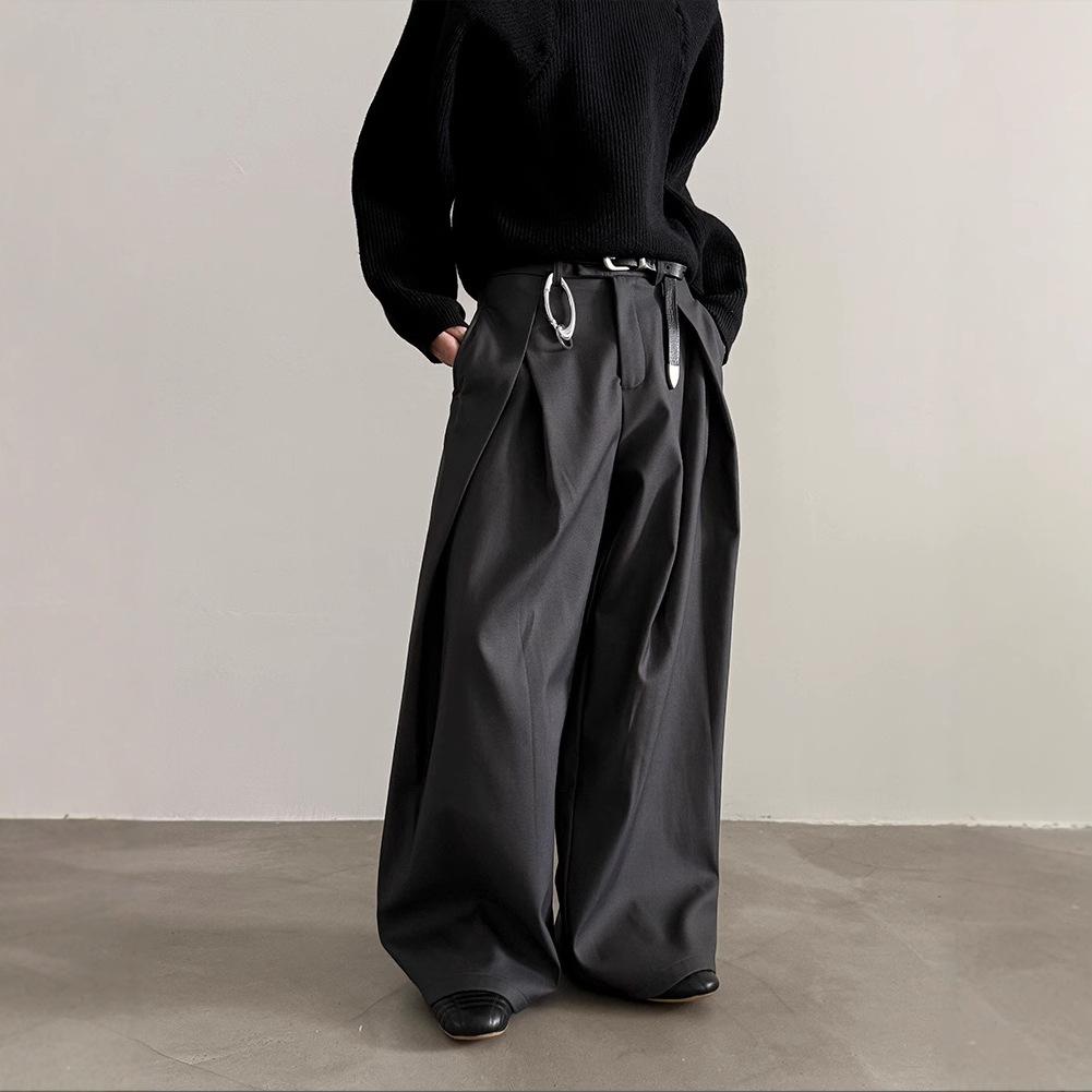Men's Pleated Front Wide Leg Pants Cleanfit Black Solid Low Waist Dressy Trousers Office Work Casual Clothes