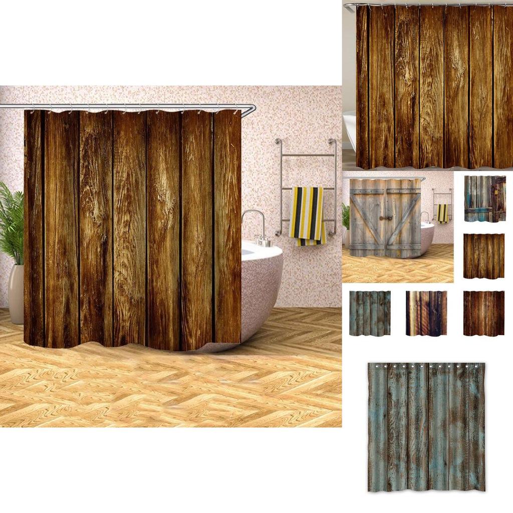 Rustic Curtain Shower Wood Barn Door Pattern Bath Curtain Waterproof Hooks With