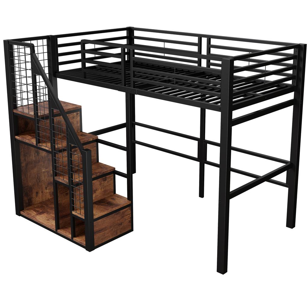 Loft Bed with Safety Ladder 90*200, Children's Bed with Iron Frame and Storage Area, Youth Bed, Single Bed, Black