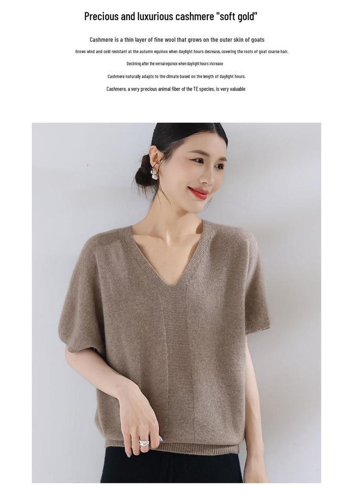 Women's V-Neck Loose-Fit Pure Cashmere Knitwear - Short Sleeve, 100% Goat Cashmere Pullover for Spring and Autumn.