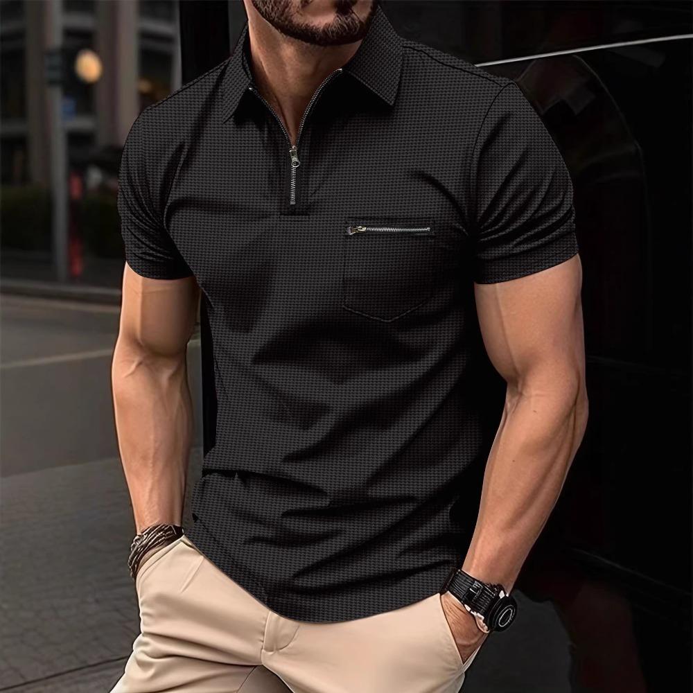 New Waffle-Pattern Men's Polo Shirt with Pocket and Turn-Down Collar