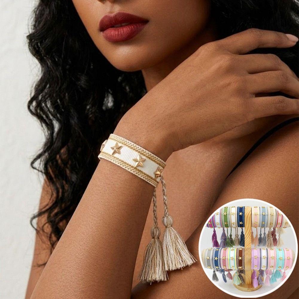Braccialetti con Nappe Tessuti a Mano Rivetti a Stella Braccialetto Regolabile con Stelle Borchiate Braccialetti dell'Amicizia Fatti a Mano Gioielli da Donna