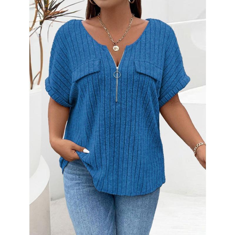 QICED Women's Fashion Casual Solid Color Print Short Sleeve V Neck Blouses & Shirts