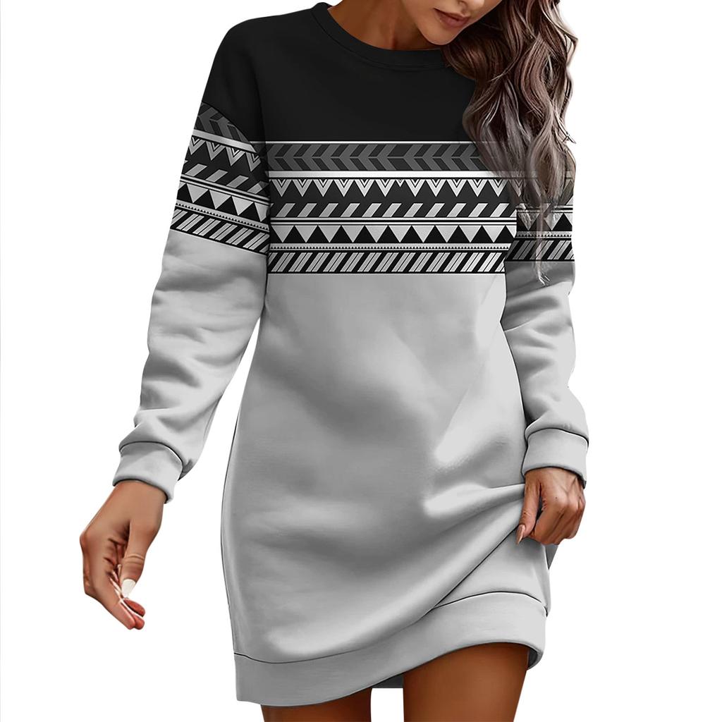 Long Sleeve Dress For Women Casual Printed Pullover Hip Pack Dress Sweater Dress