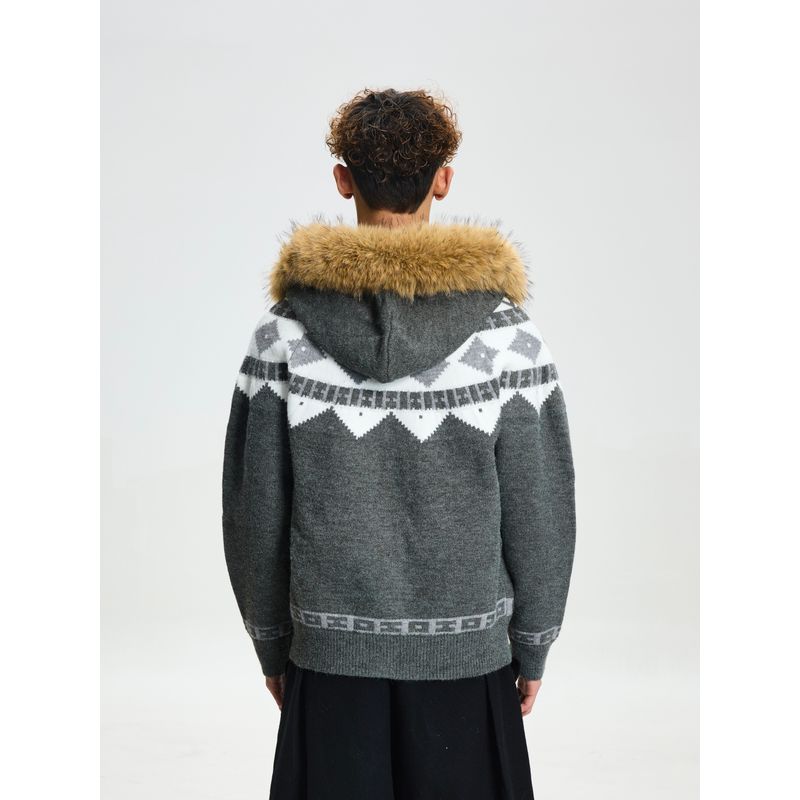 Cabbage Coke American-Style Detachable Fur Collar Fair Isle Sweater Jacket for Men and Women, Autumn Thickened Couple's Color-Block Knitwear
