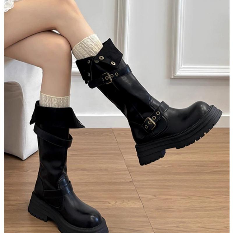 Cowhide version~ thick-soled heightening boots women's autumn and winter versatile British style thick heel Maillard retro knight boots