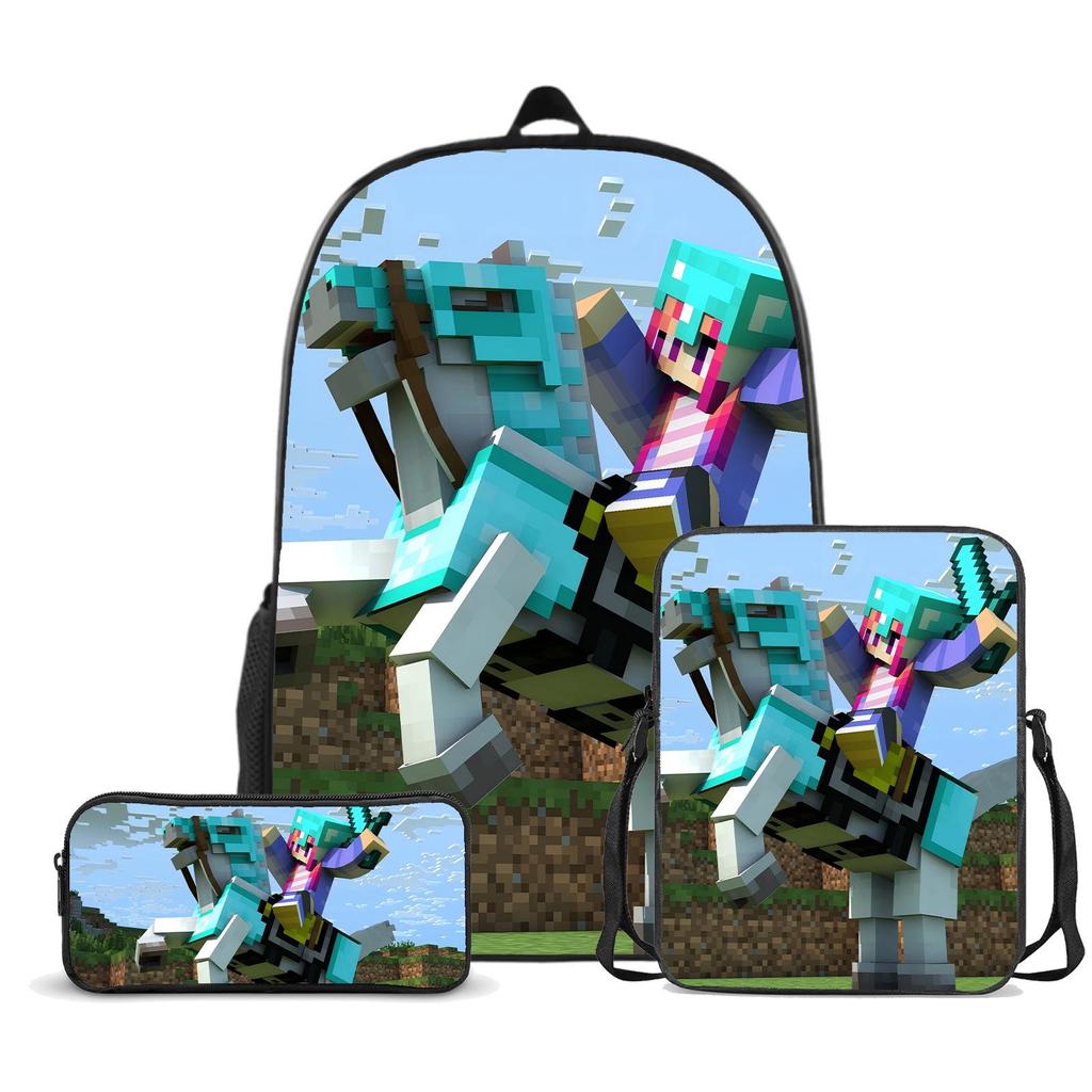 Popular Minecraft 3-Piece Set: Backpack, Messenger Bag, and Cartoon Pencil Case - Lightweight, Splash-Proof, Large Capacity