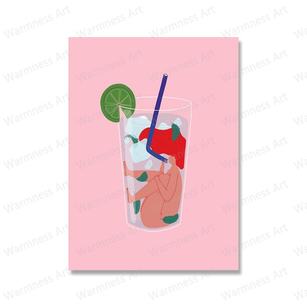 Nordic Girl With Food Posters Mojito Cocktail Canvas Painting Pizza Surfer Ice Cream Print Minimalist Picture Kitchen Home Decor