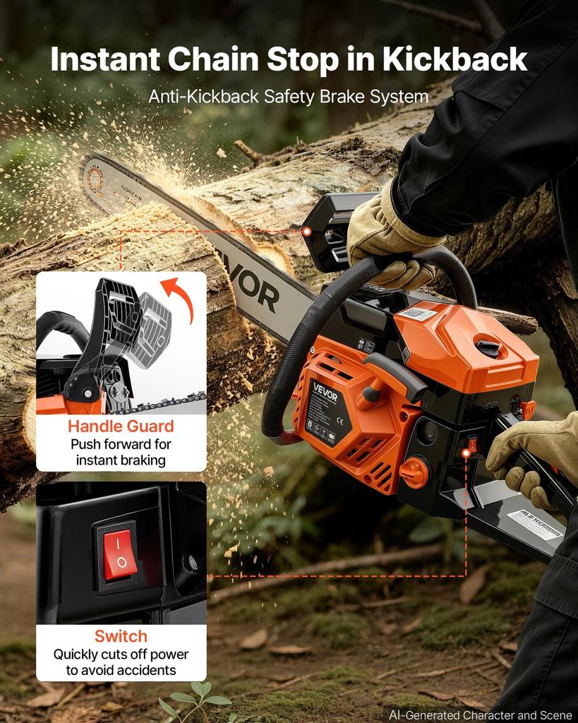 Gas Powered Chainsaw 457.2 mm 52CC 2kW 2 Stroke Engine Gas Chainsaw, for Wood Cutting, Tree Trimming & Land Clearing, Throttle-Synced Choke, Power